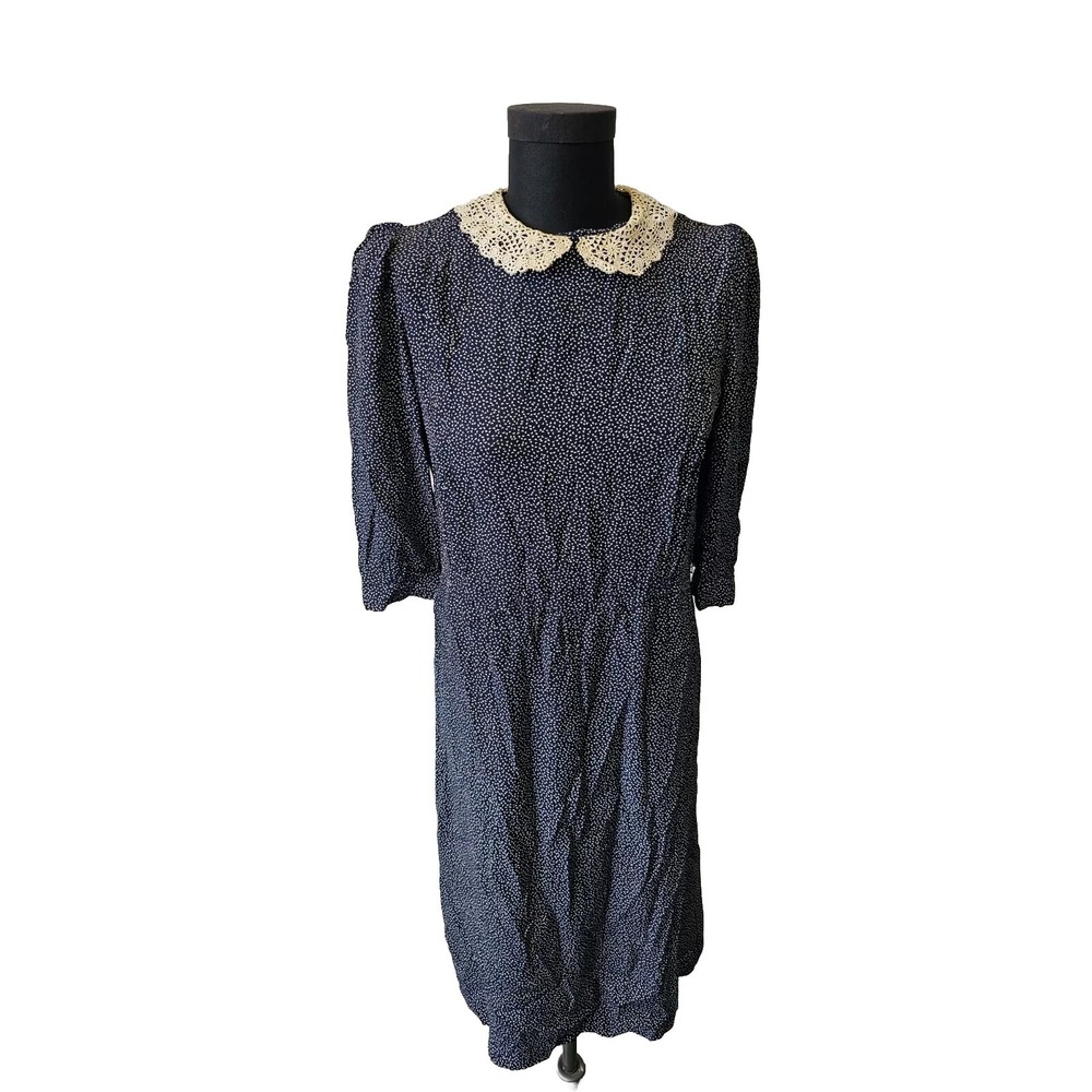 Vtg Navy Prairie Rayon Secretary Granny Ankle Midi Maxi Dress 6‎ Karin Stephens